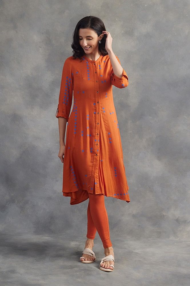 Flared Wild Orange Printed Cotton Long Kurti | ARADHNA-7005 | Cilory.com